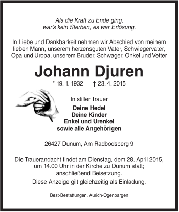 Traueranzeige von Johann Djuren von Rhein-Zeitung
