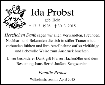 Traueranzeige von Ida Probst von Wilhelmshavener Zeitung