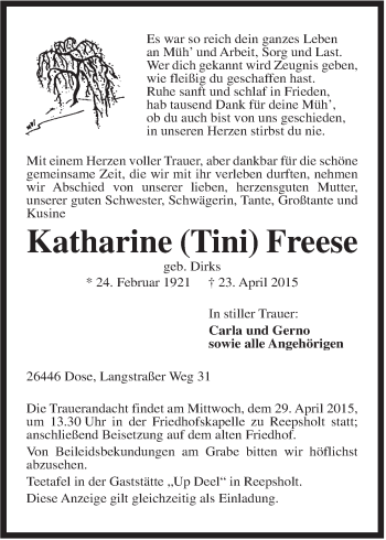 Traueranzeige von Katharine  Freese von Rhein-Zeitung