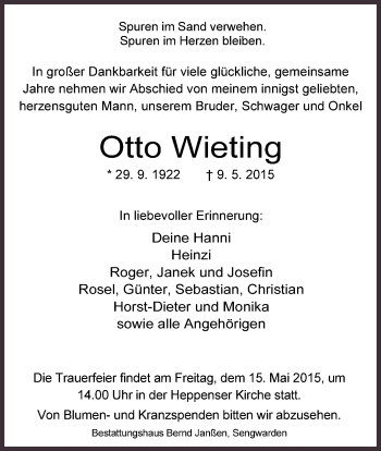 Traueranzeige von Otto Wieting von Wilhelmshavener Zeitung