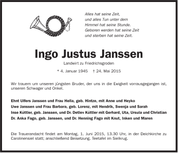 Traueranzeige von Ingo Justus Janssen von Anzeiger für Harlingerland
