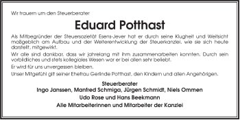 Traueranzeige von Eduard Potthast von Jeversches Wochenblatt