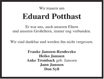 Traueranzeige von Eduard Potthast von Rhein-Zeitung