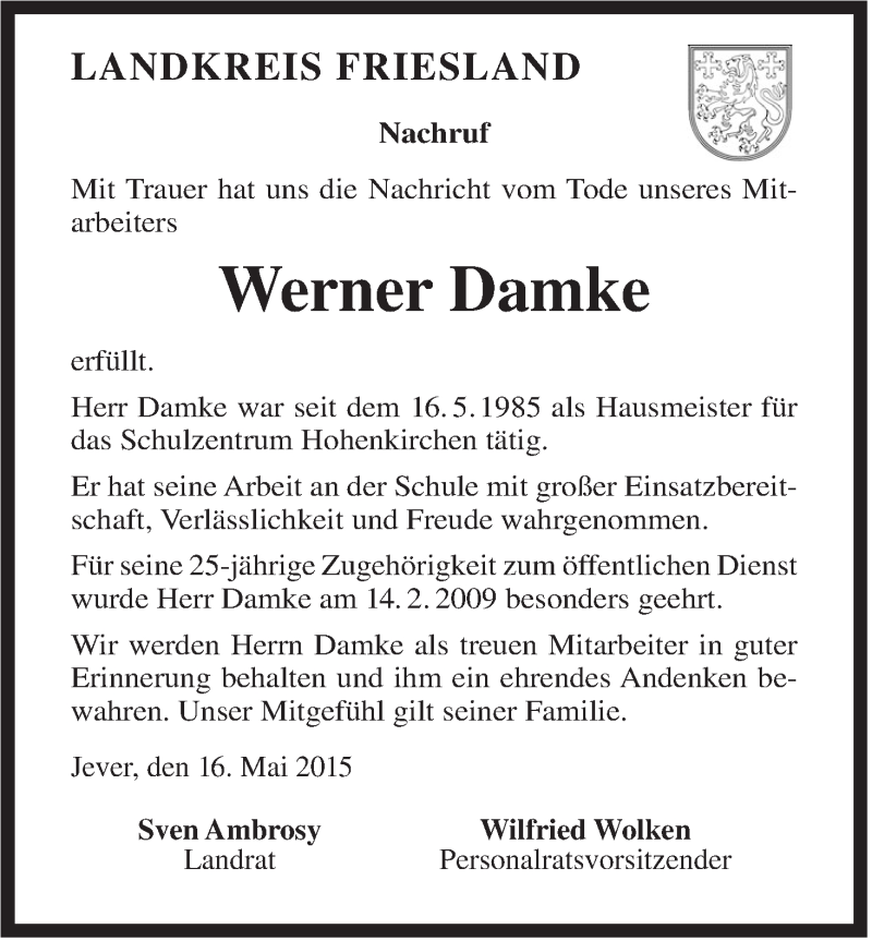  Traueranzeige für Werner Damke vom 16.05.2015 aus Jeversches Wochenblatt