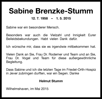 Traueranzeige von Sabine Brenzke-Stumm von Wilhelmshavener Zeitung