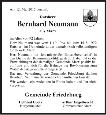 Traueranzeige von Bernhard Neumann von Rhein-Zeitung