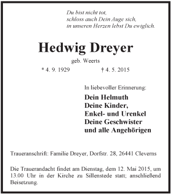 Traueranzeige von Hedwig Dreyer von Jeversches Wochenblatt