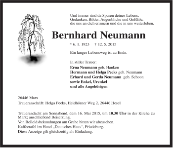 Traueranzeige von Bernhard Neumann von Anzeiger für Harlingerland