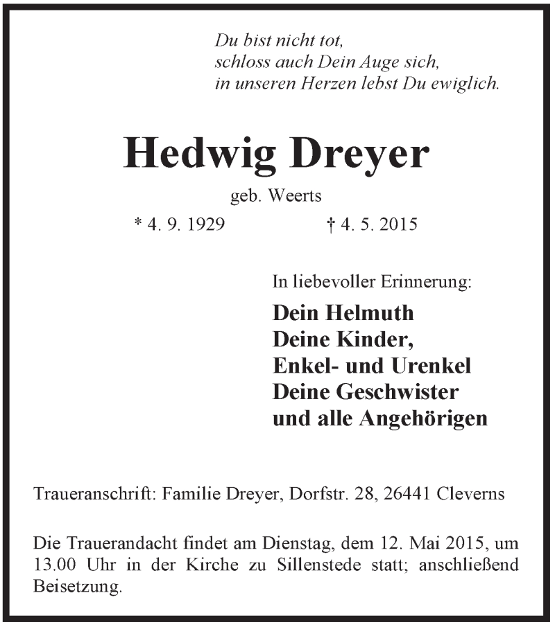  Traueranzeige für Hedwig Dreyer vom 07.05.2015 aus Jeversches Wochenblatt