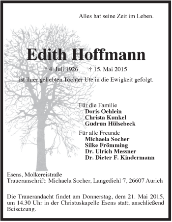 Traueranzeige von Edith Hoffmann von Rhein-Zeitung