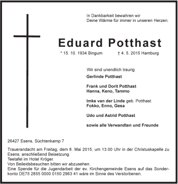 Traueranzeige von Eduard Potthast von Rhein-Zeitung