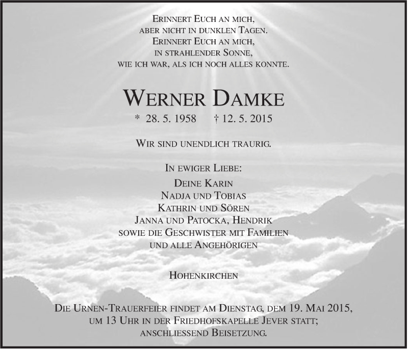 Traueranzeige für Werner Damke vom 15.05.2015 aus Jeversches Wochenblatt