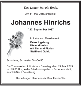 Traueranzeige von Johannes Hinrichs von Jeversches Wochenblatt