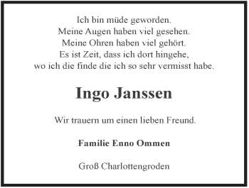 Traueranzeige von Ingo Janssen von Anzeiger für Harlingerland