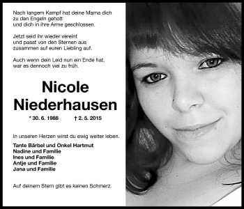 Traueranzeige von Nicole Niederhausen von Wilhelmshavener Zeitung