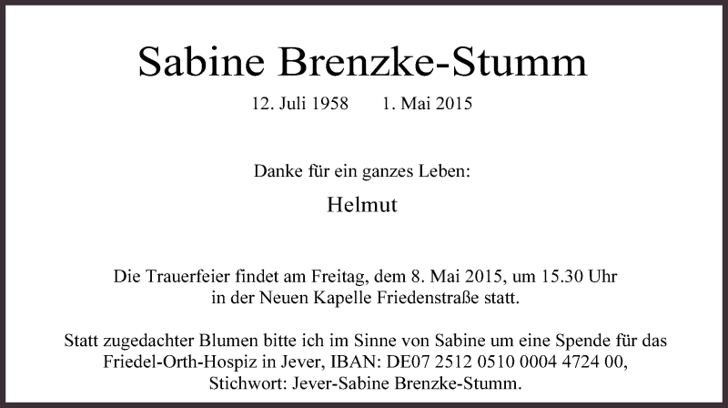  Traueranzeige für Sabine Brenzke-Stumm vom 05.05.2015 aus Wilhelmshavener Zeitung