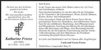 Traueranzeige von Katharine  Freese von Rhein-Zeitung