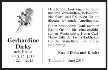 Traueranzeige von Gerhardine Dirks von Anzeiger für Harlingerland