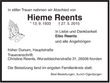 Traueranzeige von Hieme Reents von Rhein-Zeitung