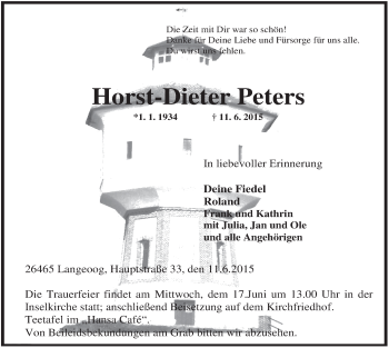 Traueranzeige von Horst-Dieter Peters von Rhein-Zeitung