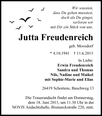 Traueranzeige von Jutta Freudenreich von Wilhelmshavener Zeitung