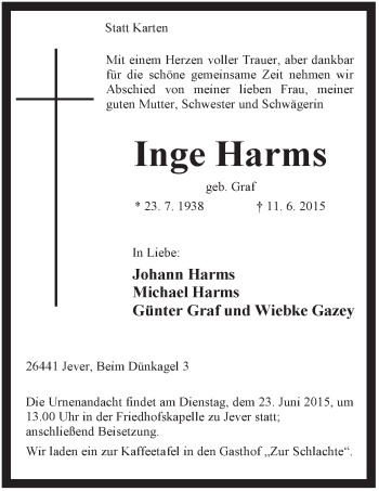 Traueranzeige von Inge Harms von Jeversches Wochenblatt