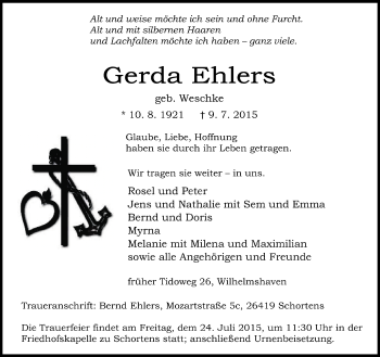 Traueranzeige von Gerda Ehlers von Wilhelmshavener Zeitung