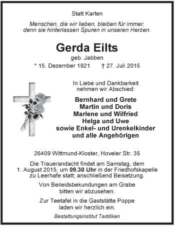 Traueranzeige von Gerda Eilts von Rhein-Zeitung