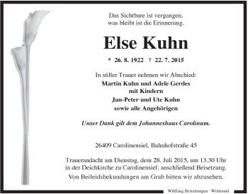 Traueranzeige von Else Kuhn von Rhein-Zeitung