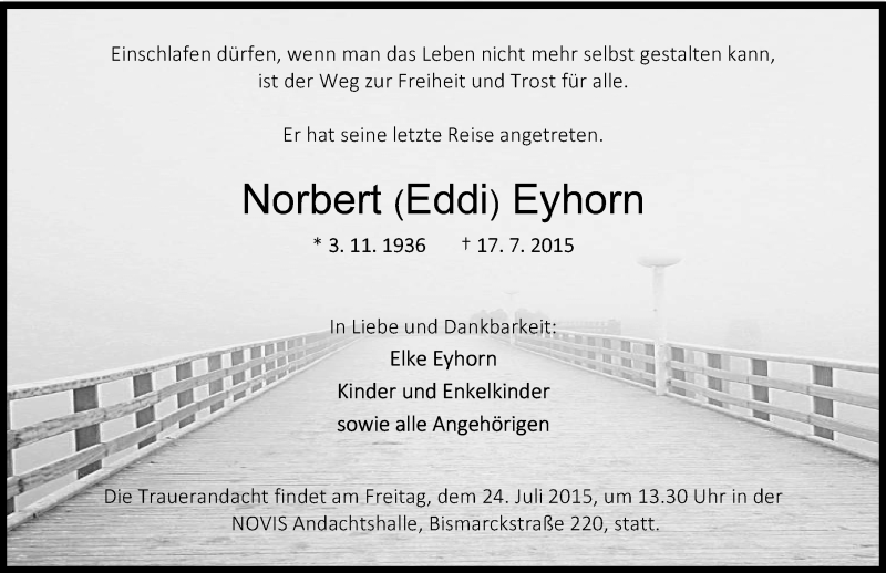 Traueranzeige für Norbert Eyhorn vom 23.07.2015 aus Wilhelmshavener Zeitung