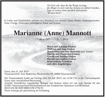 Traueranzeige von Marianne Manott von Rhein-Zeitung