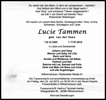 Traueranzeige von Lucie Tammen von Wilhelmshavener Zeitung