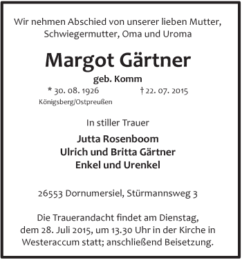Traueranzeige von Margot Gärtner von Rhein-Zeitung