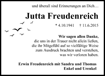 Traueranzeige von Jutta Freudenreich von Wilhelmshavener Zeitung