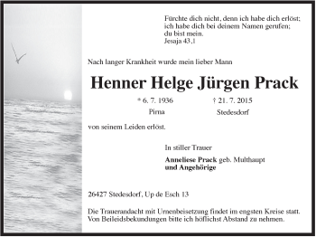 Traueranzeige von Henner Helge Jürgen Prack von Rhein-Zeitung