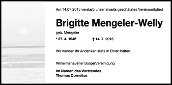 Traueranzeige von Brigitte Mengeler-Welly von Wilhelmshavener Zeitung