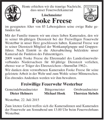 Traueranzeige von Fooke Freese von Rhein-Zeitung