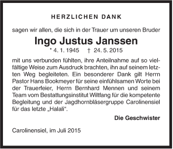 Traueranzeige von Ingo Justus Janssen von Rhein-Zeitung