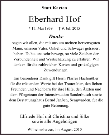 Traueranzeige von Eberhard Hof von Wilhelmshavener Zeitung