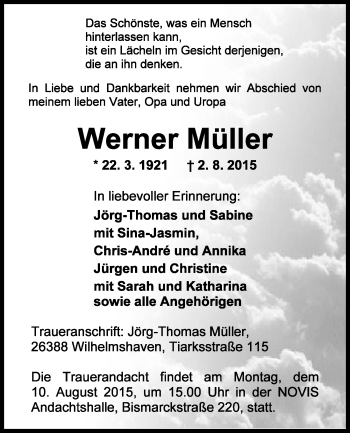 Traueranzeige von Werner Müller von Wilhelmshavener Zeitung