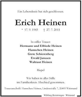 Traueranzeige von Erich Heinen von Rhein-Zeitung