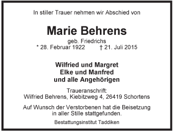 Traueranzeige von Marie Behrens von Rhein-Zeitung