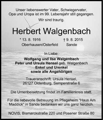 Traueranzeige von Herbert Walgenbach von Wilhelmshavener Zeitung