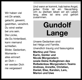 Traueranzeige von Gundolf Lange von Wilhelmshavener Zeitung