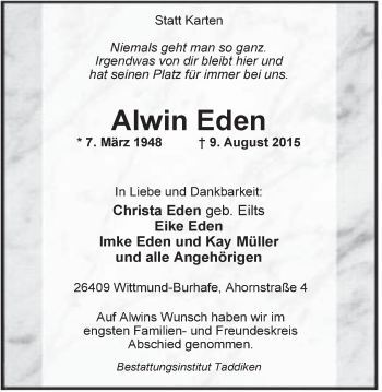 Traueranzeige von Alwin Eden von Rhein-Zeitung