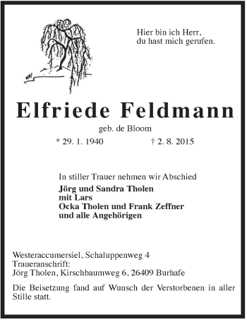 Traueranzeige von Elfriede Feldmann von Rhein-Zeitung