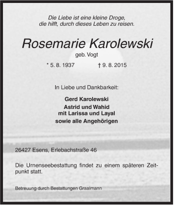 Traueranzeige von Rosemarie Karolewaski von Rhein-Zeitung