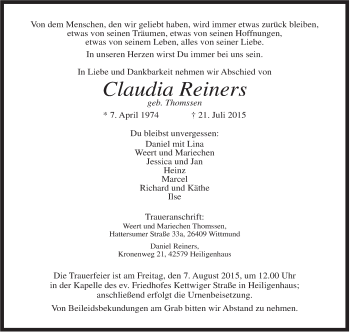 Traueranzeige von Claudia Reiners von Rhein-Zeitung