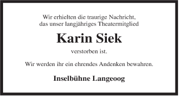 Traueranzeige von Karin Siek von Rhein-Zeitung
