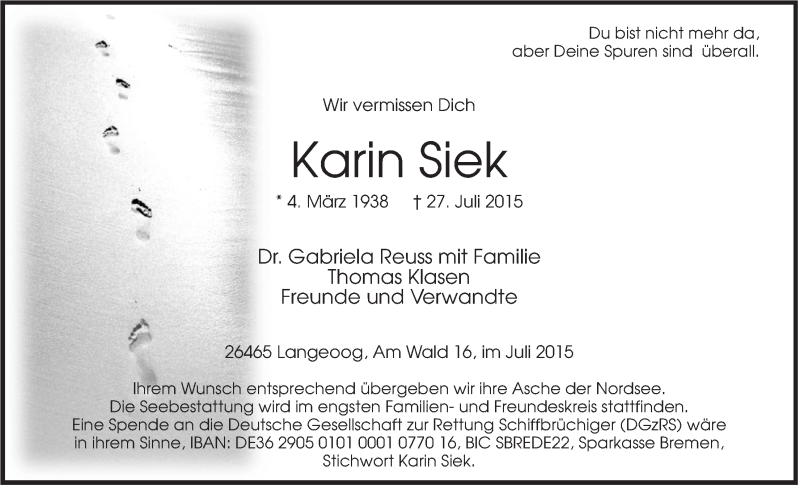  Traueranzeige für Karin Siek vom 01.08.2015 aus Rhein-Zeitung